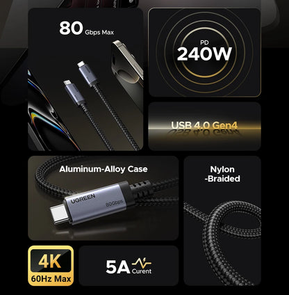 UGREEN USB-C naar USB-C Kabel – 80Gbps USB4 Gen4, 240W Snelladen & Thunderbolt 4