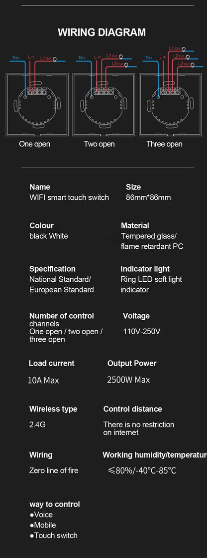 Tuya WiFi Smart Lichtschakelaar – 1/2/3-Gang Touchpaneel met App-bediening voor Alexa & Google Home