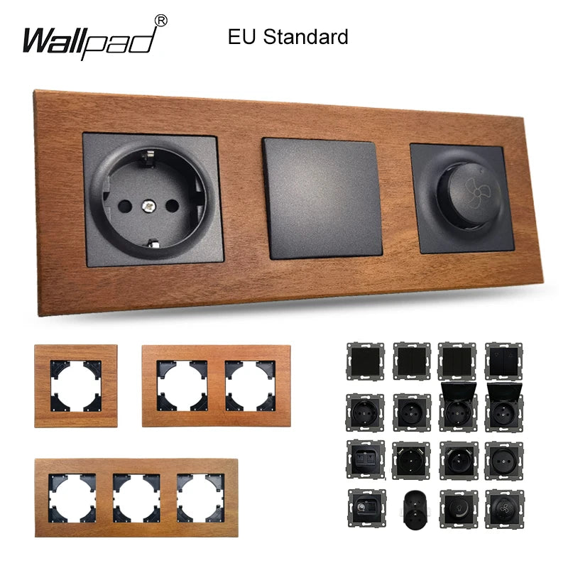 Wallpad Luxe Houten EU Stopcontact – Retro Schakelaar met USB, TV & Datapoort (110–250V)