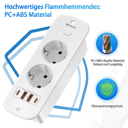 Hitrends Flush-Mounted Wall Socket – 2 EU Sockets, 2 USB-A &amp; 2 USB-C PD 20W, 2m Spiral Extension Cable