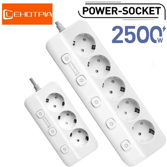Lehotpia Power Strip – 5 EU Sockets, 2m Extension Cord, Individual Switches, 2500W