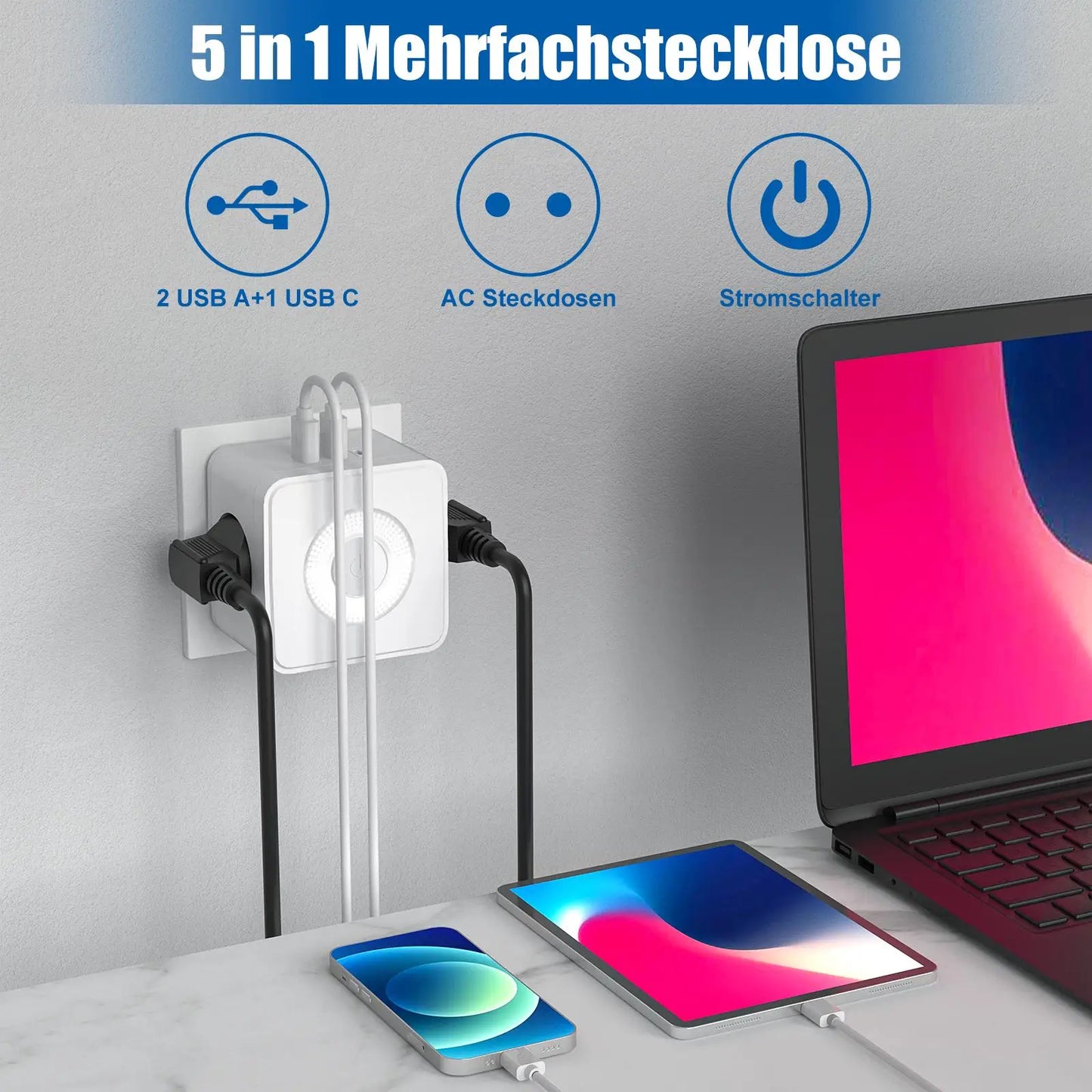 EU Power Strip Cube – 2 Sockets, 2 USB-A &amp; 1 USB-C, Night Light, 3680W Wall Socket