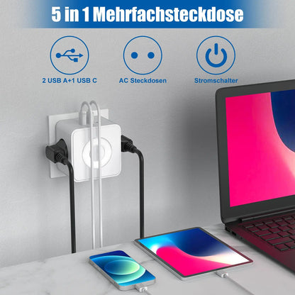 EU Power Strip Cube – 2 Sockets, 2 USB-A &amp; 1 USB-C, Night Light, 3680W Wall Socket