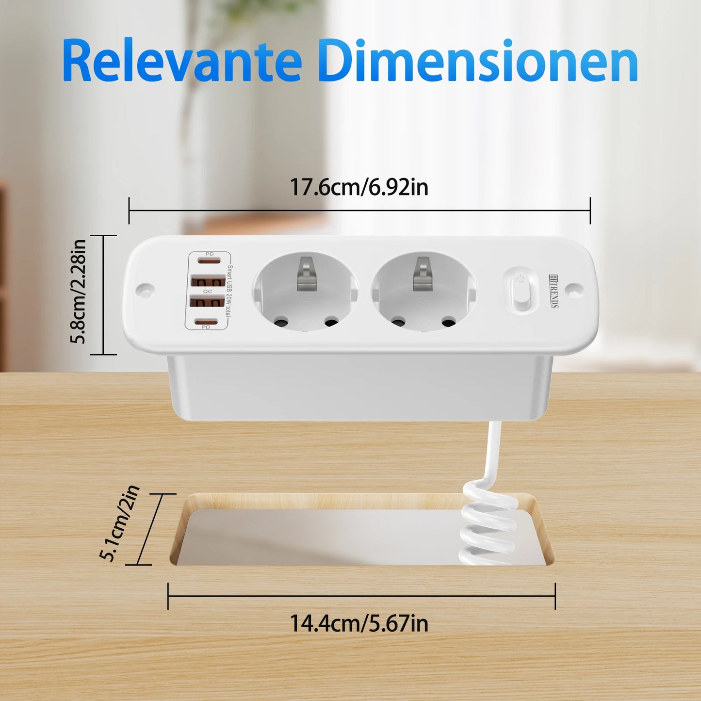 Hitrends Flush-Mounted Wall Socket – 2 EU Sockets, 2 USB-A &amp; 2 USB-C PD 20W, 2m Spiral Extension Cable