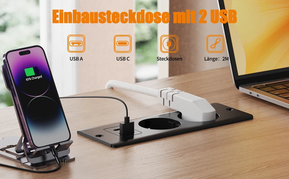Hitrends Built-in Desk Socket – 2 EU Sockets, 1 USB &amp; 1 USB-C, 2m Extension Cable