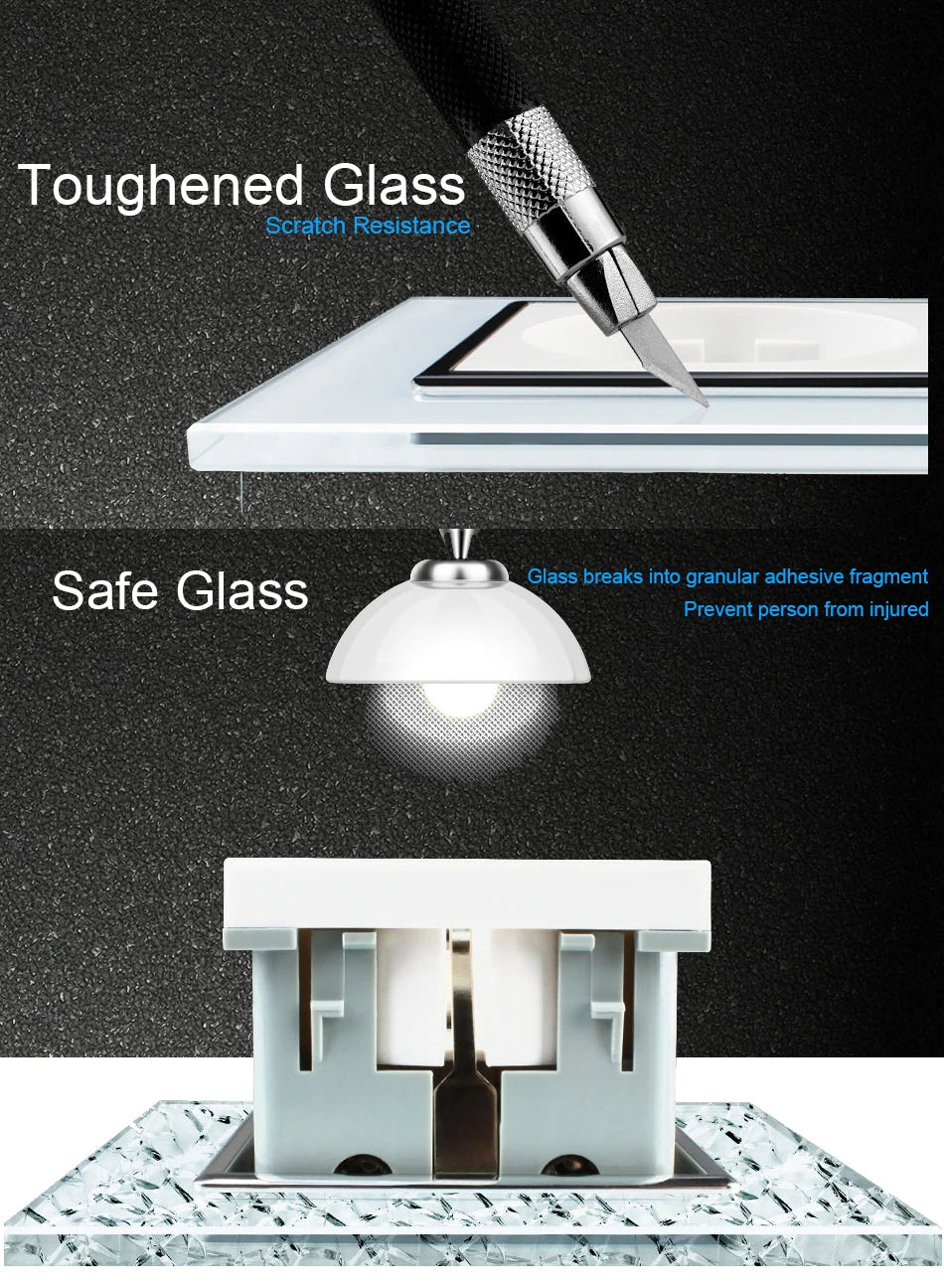 Wallpad zwart kristalglas schakelaar 1–3 gang – LED-indicator & 2‑weg