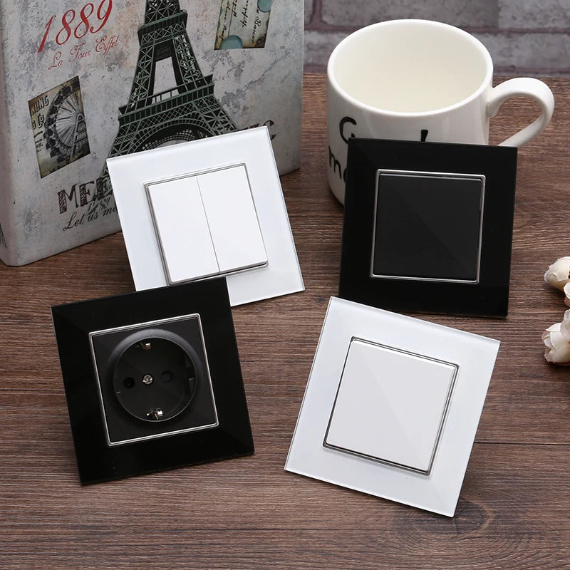 Wallpad Luxe Zwarte Kristalglas Lichtschakelaar – 2-Weg Kruisschakelaar met LED-indicator (110–250V)