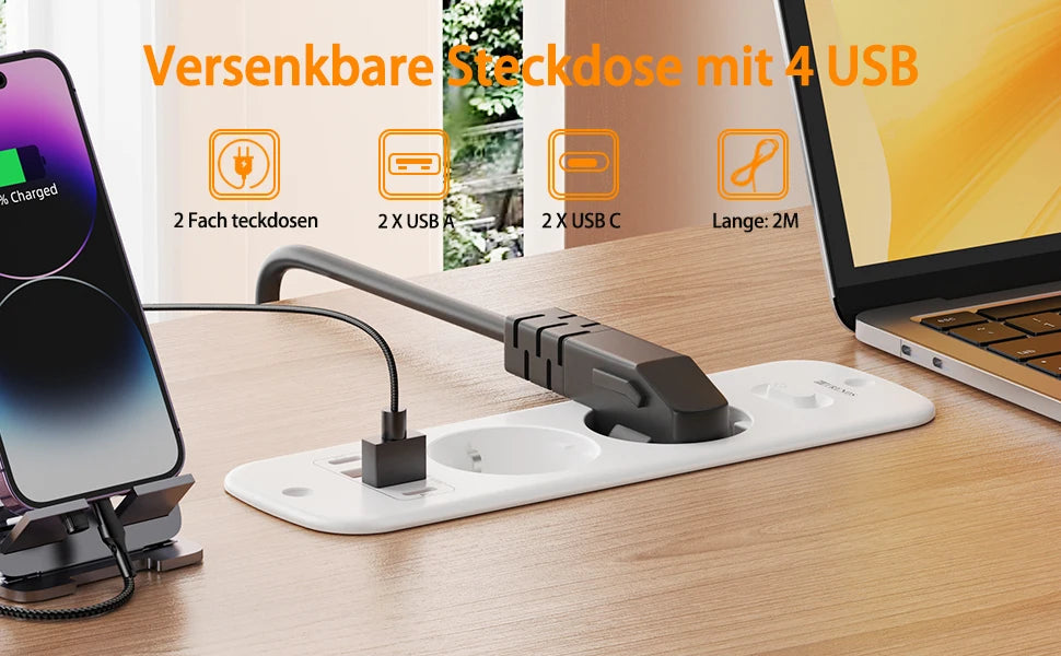 Hitrends Flush-Mounted Wall Socket – 2 EU Sockets, 2 USB-A &amp; 2 USB-C PD 20W, 2m Spiral Extension Cable