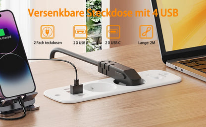 Hitrends Flush-Mounted Wall Socket – 2 EU Sockets, 2 USB-A &amp; 2 USB-C PD 20W, 2m Spiral Extension Cable