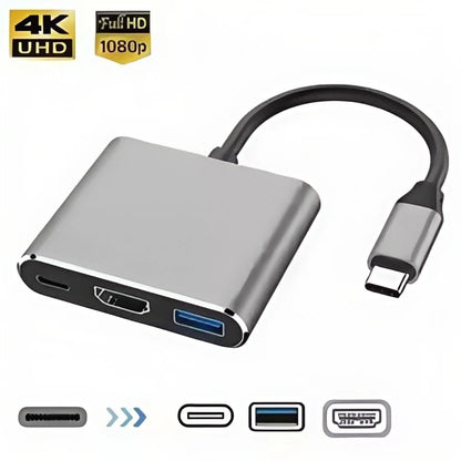 USB-C Hub Adapter 3-in-1 – 4K HDMI, USB 3.0 &amp; Charging Port – Suitable for MacBook &amp; Laptops