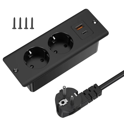 Hitrends Built-in Desk Socket – 2 EU Sockets, 1 USB &amp; 1 USB-C, 2m Extension Cable