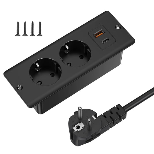 Hitrends Built-in Desk Socket – 2 EU Sockets, 1 USB &amp; 1 USB-C, 2m Extension Cable