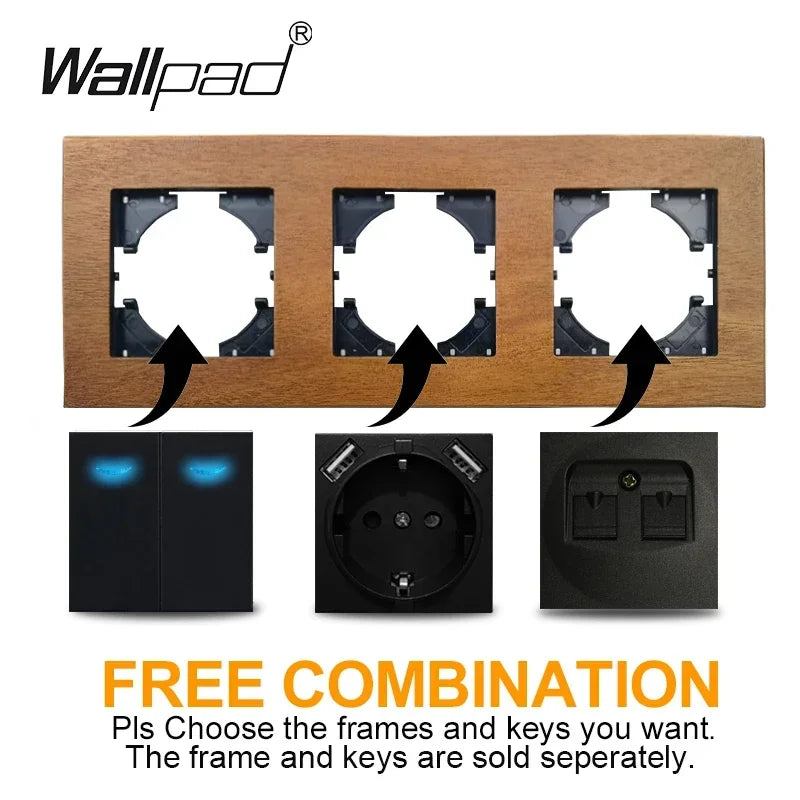 Wallpad Luxe Houten EU Stopcontact – Retro Schakelaar met USB, TV & Datapoort (110–250V)