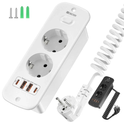 Hitrends Flush-Mounted Wall Socket – 2 EU Sockets, 2 USB-A &amp; 2 USB-C PD 20W, 2m Spiral Extension Cable