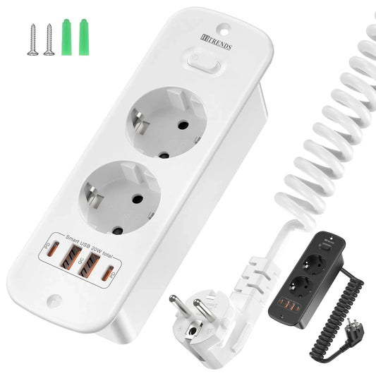 Hitrends Flush-Mounted Wall Socket – 2 EU Sockets, 2 USB-A &amp; 2 USB-C PD 20W, 2m Spiral Extension Cable