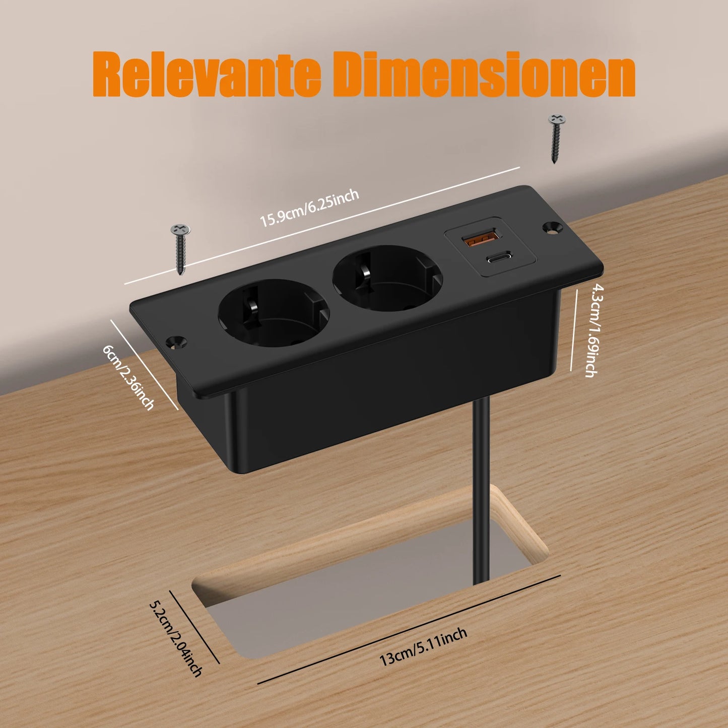 Hitrends Built-in Desk Socket – 2 EU Sockets, 1 USB &amp; 1 USB-C, 2m Extension Cable
